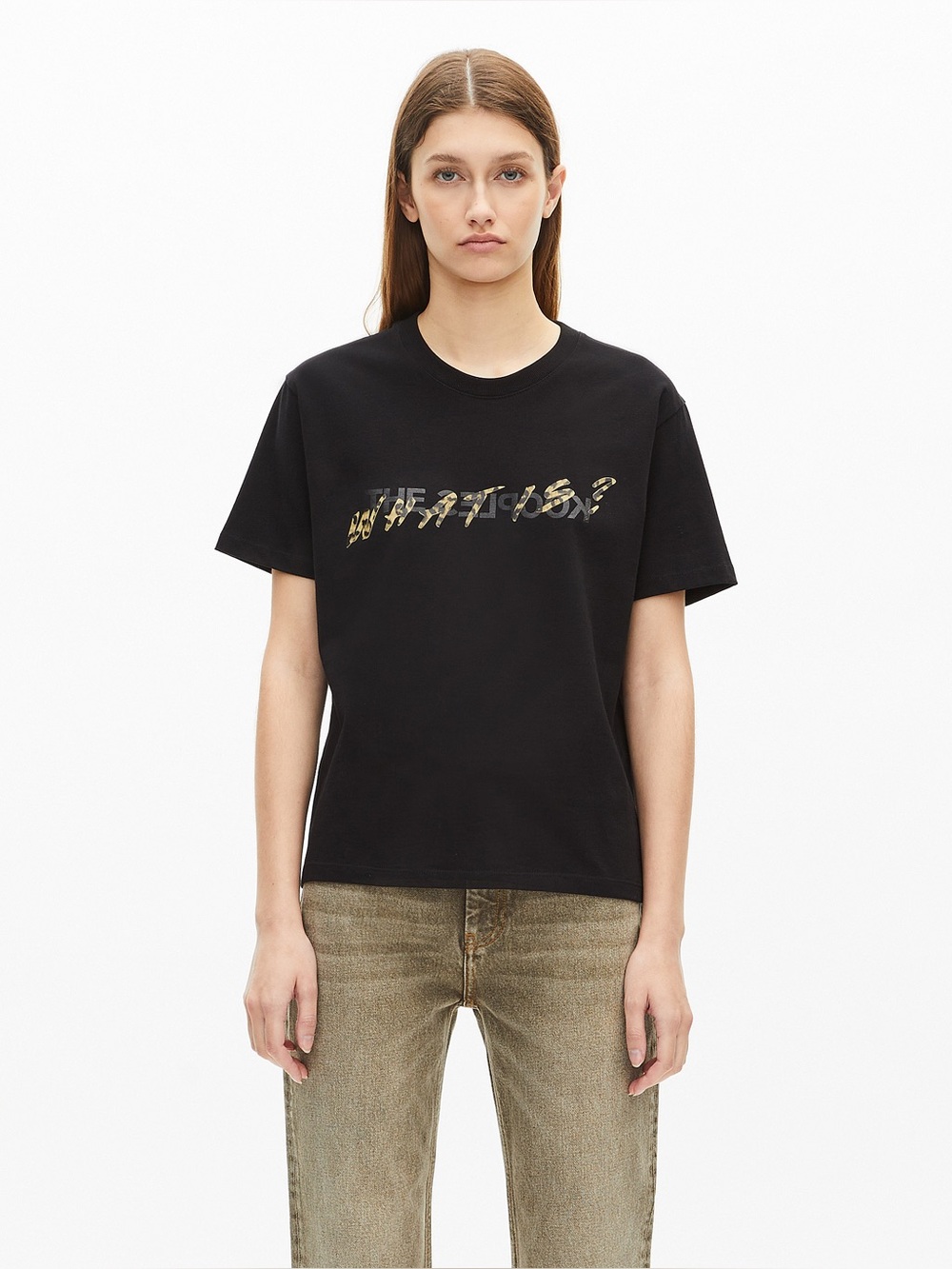 The Kooples Women's Black/Leopard Print Crew Neck Short Sleeve Tee. Size Medium